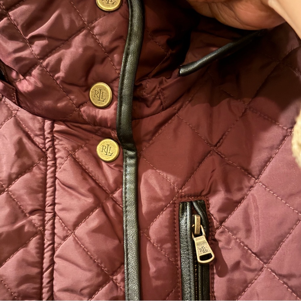 Lauren Ralph Lauren Quilted Hooded Coat XL Burgundy Equestrian Lining - Picture 5 of 14